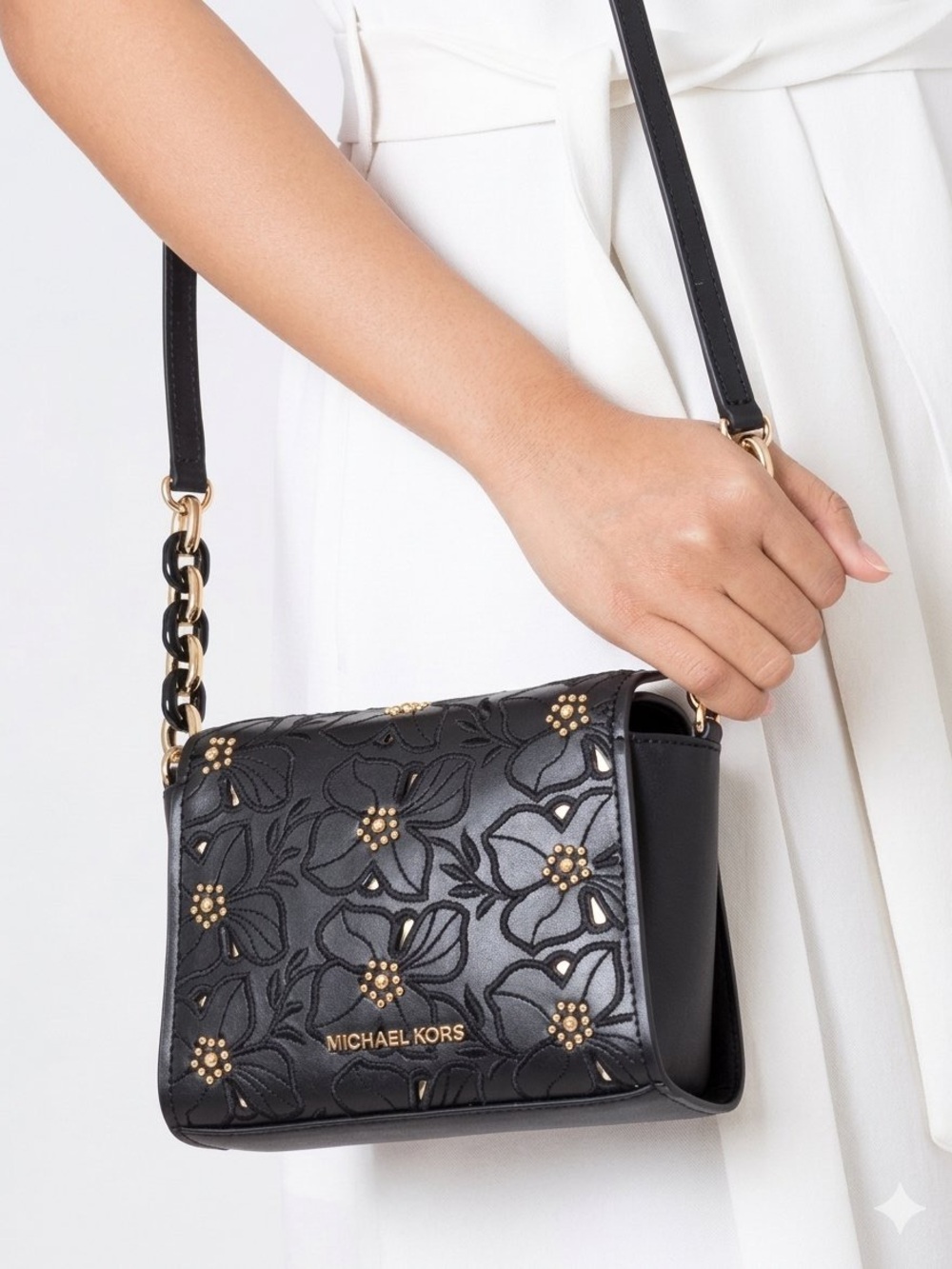 $298 Michael Kors Gold Floral Charms Crossbody Leather Bag Embossed NWT